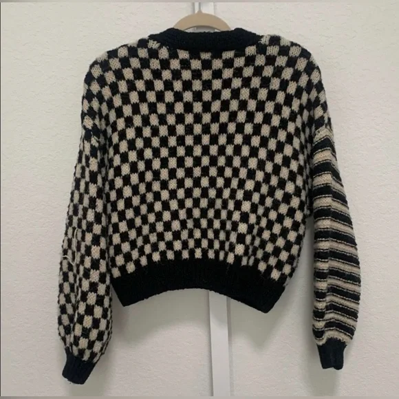 Altar’d State Claudia Checkered Cardigan Sweater Black & Cream Balloon Sleeve - Picture 9 of 13
